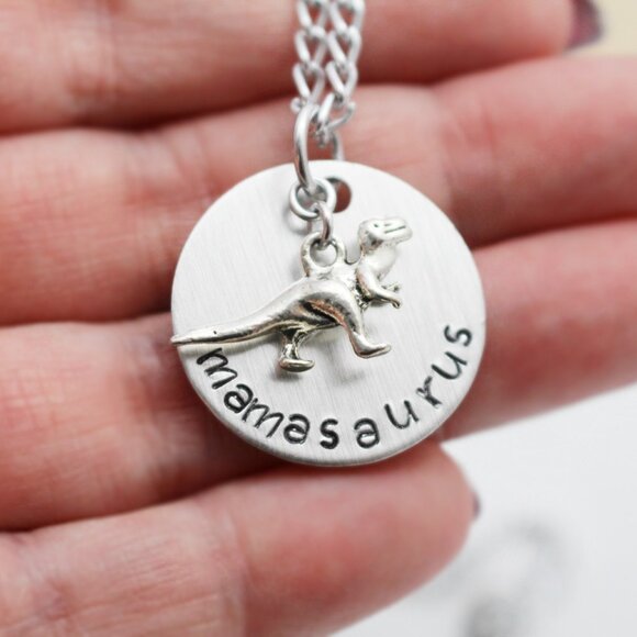 Mamasaurus Hand Stamped Pendant Necklace - 18" Chain - Handmade & Hypoallergenic - Picture 1 of 6